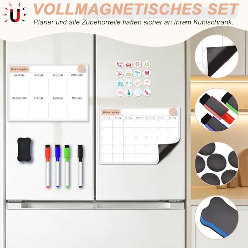 ARVOK Magnetic Whiteboard Wochenplaner abwischbar mit Monatsplaner Kalender Set - 42 x 29.7 cm für Kühlschrank, inkl. 4 Boardmarker, 16 Magnete & Wischeschwamm - Familienplaner Haushaltsplaner
