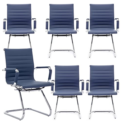 Image of Office Desk Chair No Wheels Set of 6 PU Leather Computer Chairs Mid Back Guest Chairs for School Reception Conference Waiting Room, Navy Blue