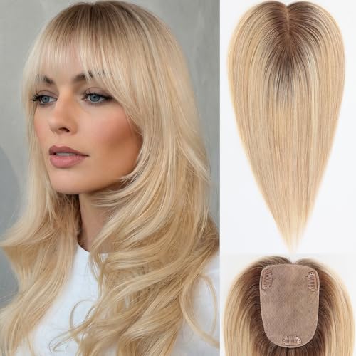 starluck Human Hair Toppers for Women Real Human Hair With Bangs 4 * 5.5 inch Base 12 inch SilkHug Hair Topper for Women Cover Grey Roots(Blonde with Highlight)