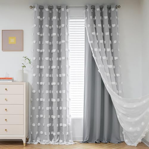 MYSKY HOME Cortinas con ojales para habitación infantil, 2 unidades, aislamiento acústico, cortinas de doble capa con gasa, 213 x 132 cm, gris