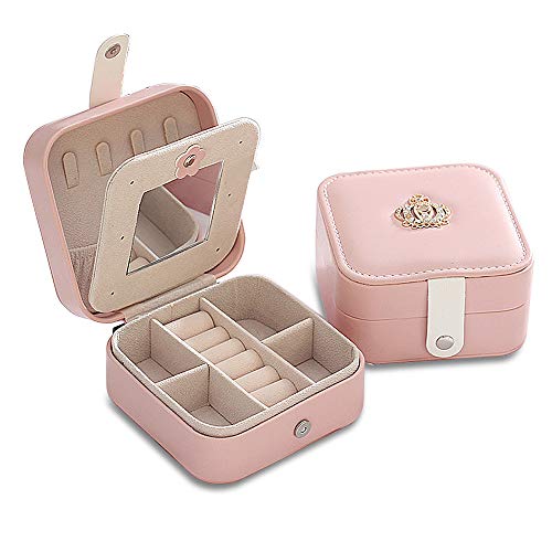 SOUFORCE Portable Jewelry Box for Women, Double Layer Jewelry Storage Organizer with Mirror, PU Leather Travel Jewelry Case Holder for Necklace, Rings and Earrings, Pink