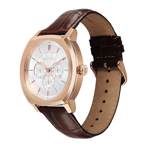 Image of Titan Regalia Arc Analog with Day Date Second Subdial and Silver Dial Brown Leather Strap Watch for Men - 90213WL01