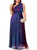 TIARALY Plus Size Formal One-Shoulder Maxi Dress Sparkly Sleeveless A-Line Prom Evening Gown Cocktail Gala Wedding Guest, Blue and Purple, 1X