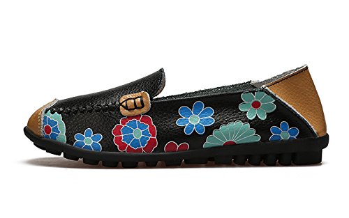 VenusCelia Women's Floral Comfort Walking Flats Loafer(9 M US,BiFl-Black)