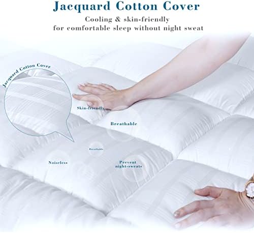 Mattress Topper Super King Bed 100% Cotton CoverExtra Thick Soft Jacquard Mattress Topper with 4 Sided Deep Elasticized Corner Straps, Baffle Box Stitched Design Evenly Filling, Machine Washable