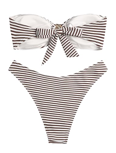 Image of ZAFUL Women's Bandeau Bikini O Ring Strapless Tie Back High Cut Two Piece Swimsuit Bathing Suits