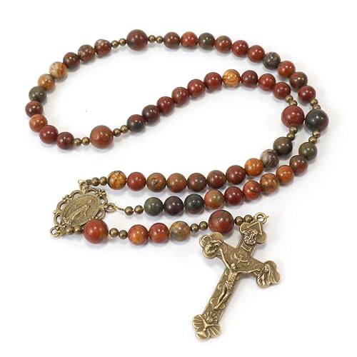 Succour7 Rosary Beads Catholic for Men, Women & Children-Durable prayer beads with Miraculous Medal, Holy Trinity Crucifix, 8mm &10mm Picasso Jasper Beads, Includes Pouch & Guide