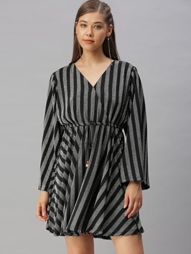 Image of SHOWOFFFF Women Stripe Print Empire Party Dress | V Neck Full Sleeves Lycra Dress for Womens | Above Knee Dress for Women's