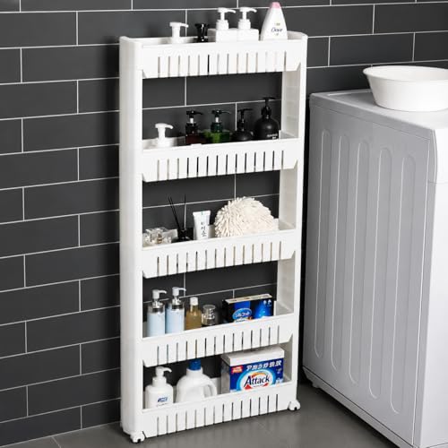 Image of JD Fresh 5-Tier Slim Rolling Storage Organizer Rack /Fridge Side Storage Rack /Plastic Trolley Storage Stand with Wheels /Floor Standing Cabinet for Bathroom and Kitchen Corner Area (White)