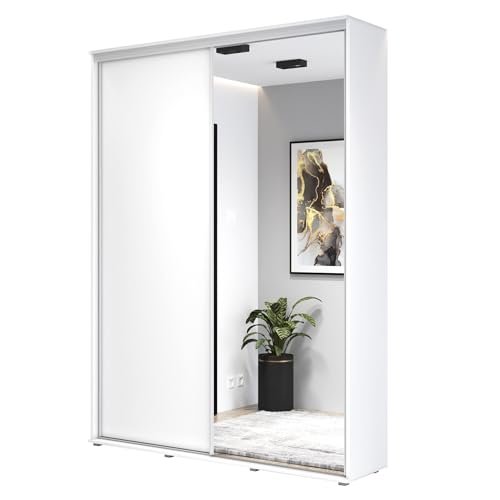 Meble Slupia - Garderobenschrank - Kleiderschrank mit Spiegel und Schiebetüren - 150x242x45 cm - Kleider Schrank Schlafzimmer mit Kleiderstange - ZUZA 01 Weiß, Griff