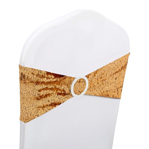 WedDecor 108 x 7 Inches Spandex Lentejuelas Silla Bandas Oro con Redondo Hebilla Deslizante Cintos Corbata Lazo para Fiesta Boda Silla Fundas Decoración Eventos Supplies- Individual - Oro, 10