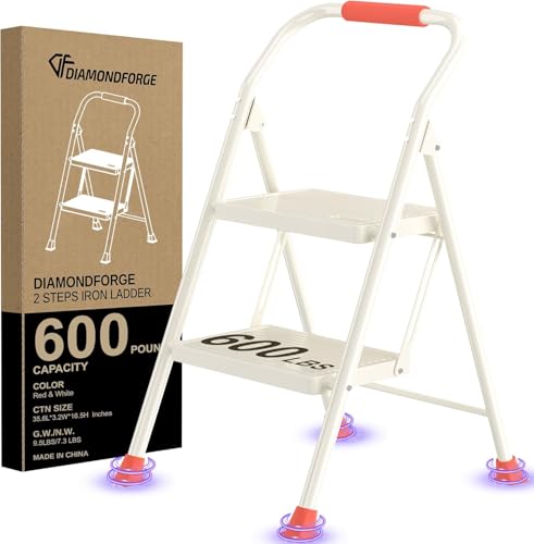 Foldable Folding Step Ladder Stool - 2 Stepping Tall Extension Heavy Duty with Handrails for Home Adults Kitchen - Extendable Stepladder Closet Stepstool Stair Ladders for Indoor House 600Lbs