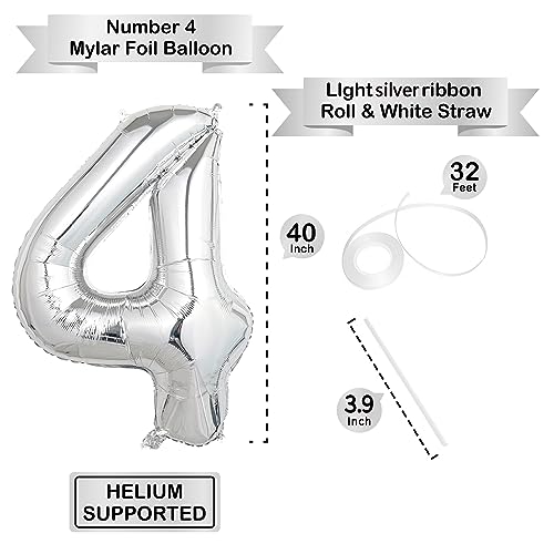 Image of 40 Inch Silver Number Balloons, Helium Mylar Foil Number Balloons for Birthdays, Number 4 Balloon for Party Wedding Bachelorette Birthday Bridal Shower Graduation Anniversary Celebration Party Decorations Supplies