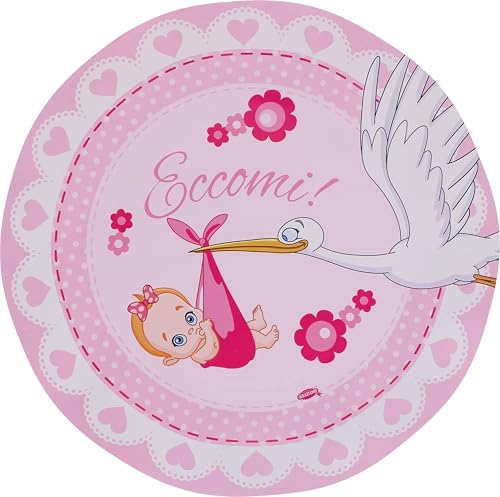 Graziano, Platos de papel grandes para nacimiento, color rosa, paquete de 8 platos, diámetro 27 cm, buffet dulces party