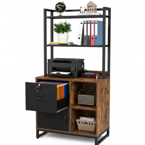 Image of Homieasy Vertical Filing Cabinet with Bookshelf, Rustic Brown