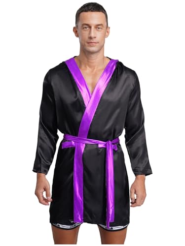 FEESHOW Cappotto Da Boxe Per Uomo Con Cappuccio Abito Di Boxe In Seta Con Cintura Accessorio Per Muay Thai E Kickboxing Nero Viola Taglia unica