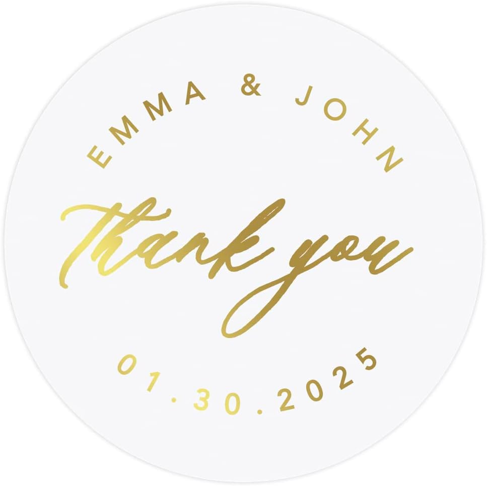 Andaz Press 2" Round Clear Personalized Wedding Sticker Labels with Gold Custom Thank You Script Transparent Vinyl Envelope Tab Sealer Self-Adhesive Labels for Wedding Favors, Thank You Cards, 40-Pack