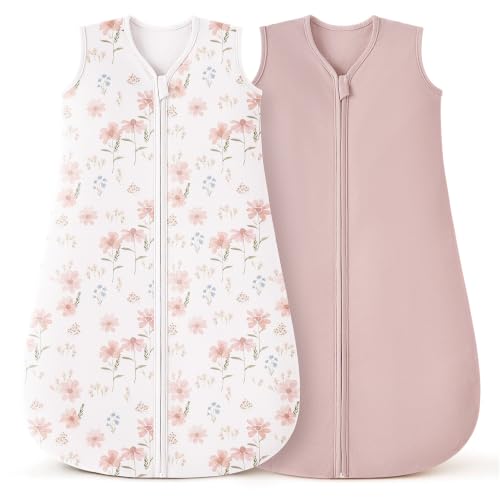 bearmoss Gigoteuse Bébé Été 0.5 Tog Turbulette 100% Coton Gigoteuse Respirante pour Bébé, Lot de 2 Emailloteuse Bébé 0-6 mois Double Fermeture pour Nouveau-né et Nourrisson,67cm(Jardin)
