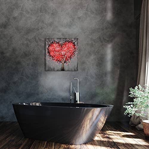 Artsbay Modern Abstract Tree Wall Art Red Love Heart Tree With Floral Flying On Rustic Grey Backdrop Painting Pictures Canvas Framed Modern Tree Of Life Home Decor For Living Room Bedroom 20X20Inches #TOP3
