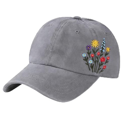 Trendy Embroidered Baseball Cap for Women Girls, Elegant Floral Baseball Cap for Women, Adjustable Soft Breathable Hats for Casual Wear Grey