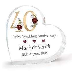 Beecreative Ruby Wedding Anniversary Gifts - Personalised 40th Wedding Anniversary Gift for Couples, Husband, Wife, Parents - Clear Heart Ruby 40th Anniversary Ornament Present with Grey Bag