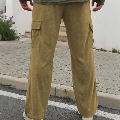 Corduroy Cargo Pants Men Casual Comfy High Elastic Cargo Sweatpants for Men Wide Leg with Pockets Drawstring Heavyweight Sport Hiking Stretch Loose Fit Trouser Light Brown L4