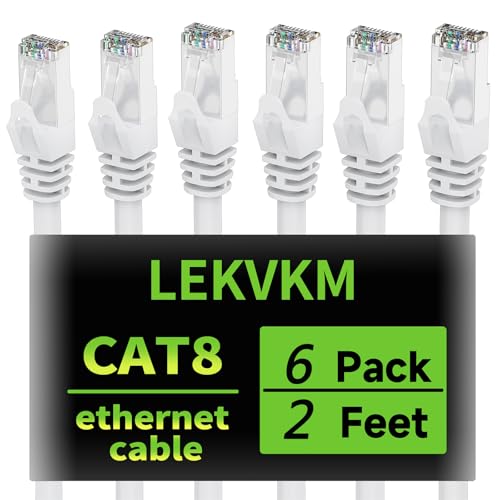 LEKVKM Cat8 Ethernet Cable 2 ft, 6-Pack S/FTP Shielded LAN Network Cord, 40Gbps 2000MHz Heavy Duty High Speed, Ideal for Server Rooms, Routers, Switches – White