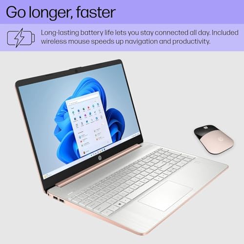 Image of HP 15.6 inch Rose Gold Laptop with Wireless Mouse & Earbuds, AMD Ryzen 3 Core, Fingerprint Reader, Long-Lasting Battery, Win11 (Rose Gold, 16GB RAM | 1TB SSD)