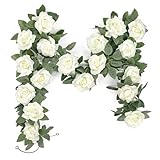 YMIFEEY 2 x 2m Blumengirlande Künstlich Weiße Rosen Blumen Girlande Deko Kunstblumen Hängend Rosengirlande Blumenranken Frühling Blumenkette für Hochzeit Tischdeko Party Blumenwand Fahrrad (2*Weiß)