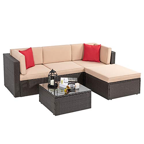 Vongrasig 5 Piece Patio Furniture Set, All-Weather Outdoor Small Sectional Patio Sofa Set, Wicker Rattan L-Shaped Patio Couch Conversation Set w/Ottoman, Glass Table, Beige Cushion & Red Pillow, Brown