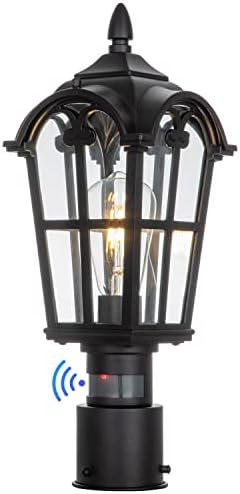 Dusk to Dawn Motion Sensor Outdoor Post Lights Exterior lamp Post Light Fixture, Waterproof Pole Lanern Black with Clear Tempered Glass for Garage Patio Garden Front Door