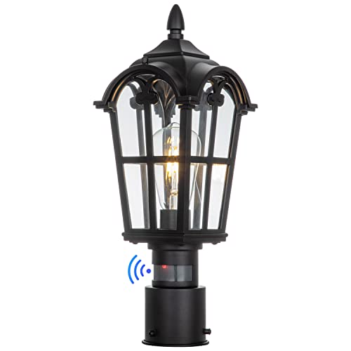 Dusk To Dawn Motion Sensor Outdoor Post Lights Exterior Lamp Post Light Fixture, Waterproof Pole Lanern Black With Clear Tempered Glass For Garage Patio Garden Front Door #TOP2