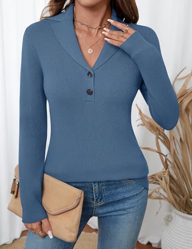 Image of LOMON Sweaters for Women 2025 Fall Knitted V-Neck Collared Button Pullover Dressy Casual Long Sleeve Polo Shirts Business