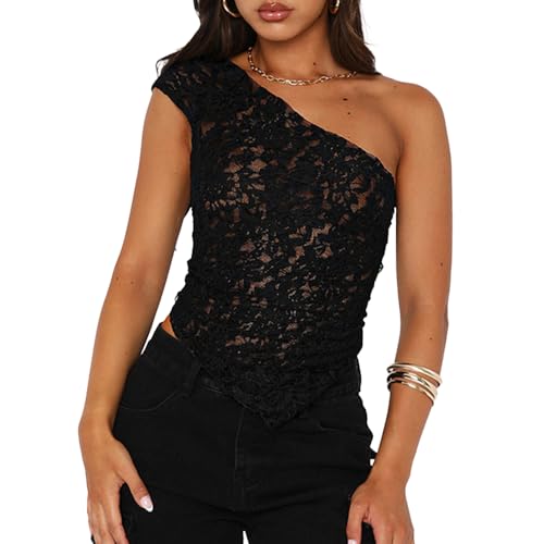 ABYOVRT Women One Shoulder Lace Top Irregular Hem Backless Crop Tops See Through Sheer Tank Tops Going Out Clubwear (M,Black) by ABYOVRT - Used condition - US$18.16