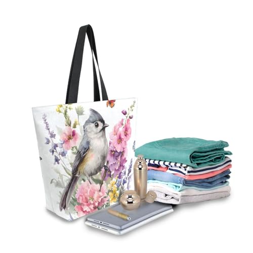 Extra Large Shoulder Tote Bag for Beach Travel Weekender Gym Watercolor Pink Flowers Butterfly Bird Reusable Grocery Canvas Shopping Bag3