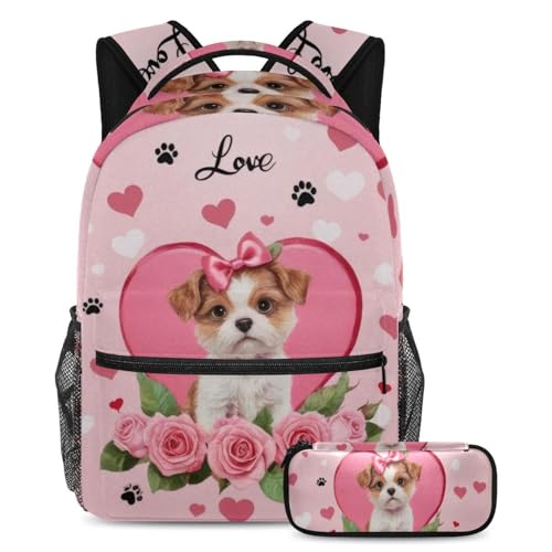 Sac à dos 2 pièces rose et cœurs avec trousse pour collégienne de grande capacité