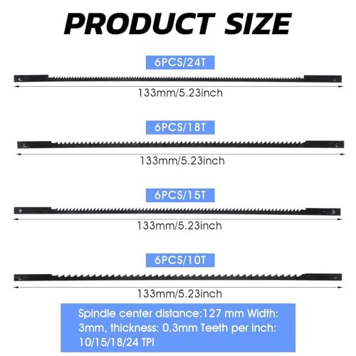 24 Stück Dekupiersägeblätter mit Stift, 127mm Kohlenstoffstahl 10/15/18/24 Zähne Laubsägeblätter, Standardmäßige Präzisionssägeblätter eignen sich zum Schneiden von Holz Metall Kunststoff