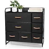 Commode avec 7 tiroirs,Commode Chambre Adulte Meuble de Rangement Chambre avec Cadre Stable en Métal, en MDF et Tissu pour Chambre à Coucher, Salon, Couloir, 80 x 29 x 78,5 cm (Noir)