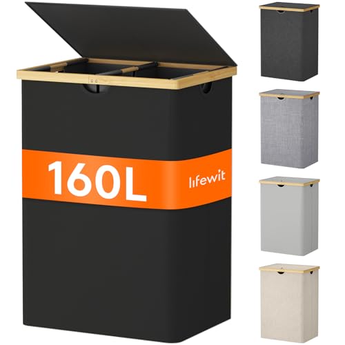 Lifewit 160L Bambus Wäschekorb mit Deckel, Faltbar Wäschesammler 2 Fächer Wäschesortierer mit Abnehmbarem Wäschesack Bambus Griffen Wäschebox Laundry Baskets für Waschküche, Schlafzimmer,Dunkelschwarz