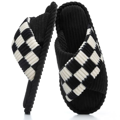 GOEWY House Slippers for Women Fuzzy Womens Slippers Indoor Outdoor Open Toe With Cross Band Corduroy Memory Foam Warm Gifts for Woman Size 7 8.5 Grid Black