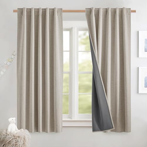 NICETOWN Natural Thick Linen Blend 100% Blackout Curtains with Grey Liners, Rod Pocket Back Tab Thermal Insulated Flax Textured Full Blackout Window D