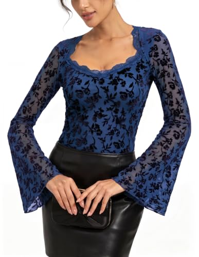 Mesh Long Sleeve Tops for Women, Lace Gothic Date Night Outfits, Blue, S