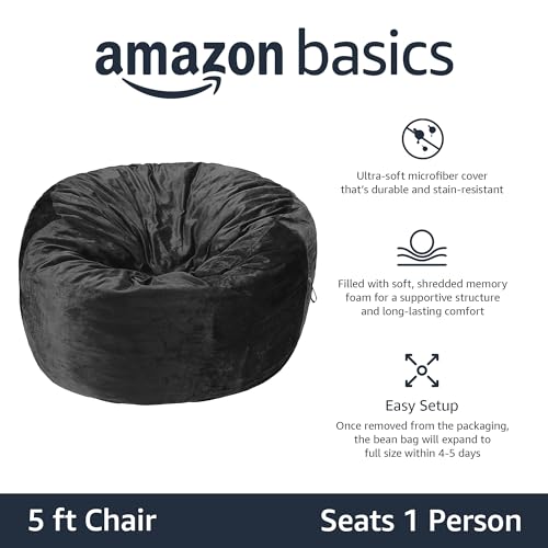 Amazon Basics Memory Foam Filled Bean Bag Chair with Microfiber Cover, 5 ft, Grey, Solid