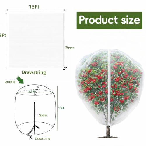 1Pack 13x13ft Large Fruit Tree Netting with Zipper and Drawstring – Anti-Insect, Anti-Bird Protection for Apple, Peach, Cherry Trees and Vegetables – Ideal for Home Gardens,Small Organic Farms by KYRGEU - Used condition - Image 2