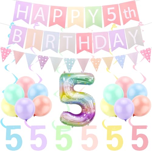 FASOTY 5th Birthday Decorations Girl 40 Inch Rainbow Gradient Number 5 Balloon Pre Strung Happy 5th Birthday Banner Fringle Flag