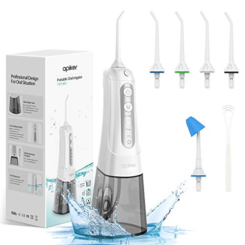 Irrigador Bucal Apiker Portátil Electronico-Irrigador Dental 4 Modos Incluido DIY- con 6 Boquillas de Limpieza Irrigadores Bucales,2000mAh Bateria,300ml Tanque de Agua para Cepillo Interdental
