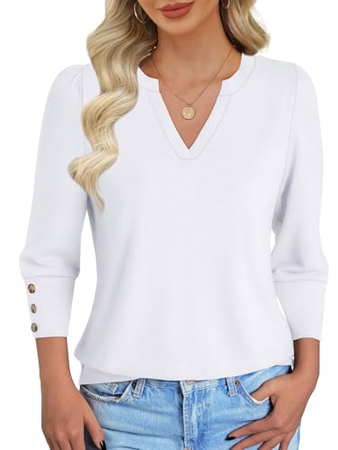 NORACORA 3/4 Length Sleeve Womens Tops with Button Cuffs Dressy Casual Blouses for Women V Neck T Shirts Beach Vacation Spring Summer Outfits White XL — view 4