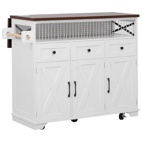Bellemave 46.5\" Farmhouse Kitchen Island cart with Charging Station and with Drape of Beads, Rolling Kitchen Island Table with Drop-Leaf, 3 Drawers, White
