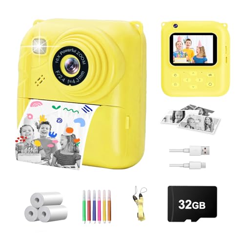 Image of Instant Print Camera for Kids, 1080P Video Camera with 3 Print Rolls | 32GB Card & Cute Cover, Gift for Girls Boys Age 3-12, Toddler Digital Camera with Games, Filters, Music - Yellow
