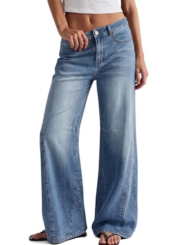 Trendy Queen Womens High Waisted Wide Leg Barrel Jeans Stretch Baggy Flare Denim Pants Blue 8